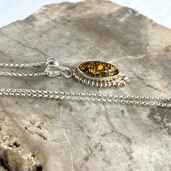 Sterling Silver 925 Baltic Amber Cabochon Pendant Necklace 18" Rolo Chain - Picture 3 of 16